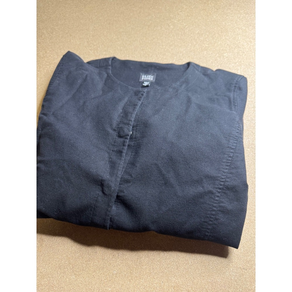 Eileen Fisher Black Cotton Stretch Pique Collarless Snap Front Jacket Small
